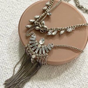 Silver-Tone Double Layered Chain & Faux Diamond Gemstone Necklace Statement rave